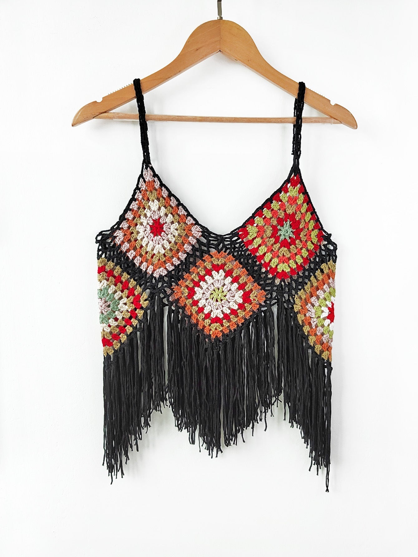 Women Clothing Women Top Pure Hand Crocheting Random Mixed Color Stitching Camisole Tassel Shirt Crochet Bella Mia