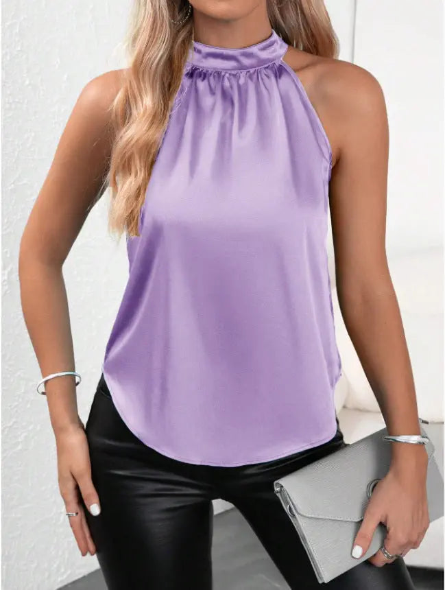 Summer Satin Vest Women Solid Color off Shoulder Halter Sleeveless Top Bella Mia