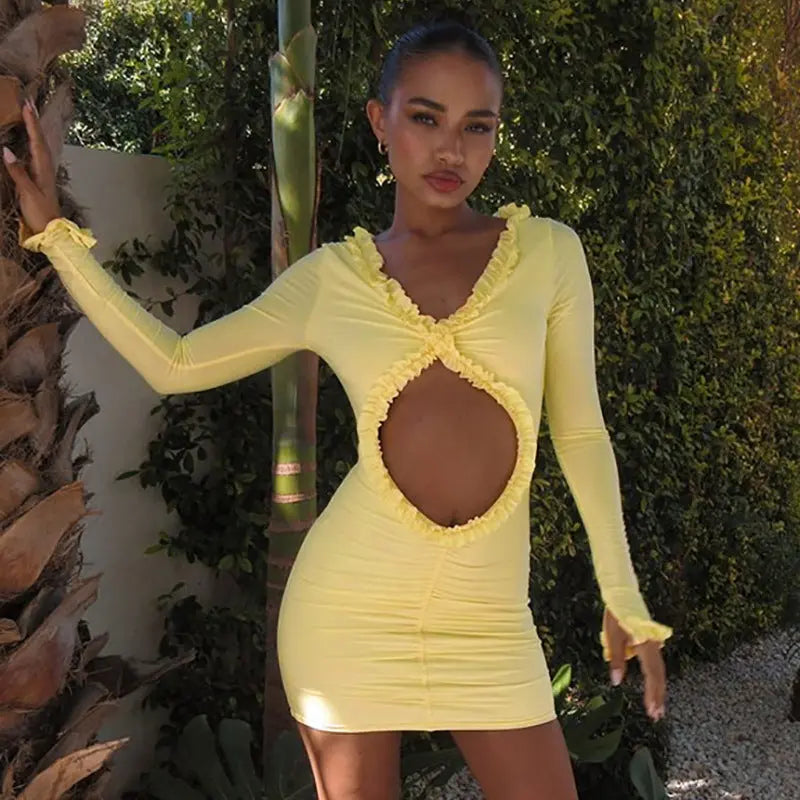 Women Clothing Autumn Solid Color Hollow Out Cutout Out Cropped Lace Sheath Dress Women Bella Mia