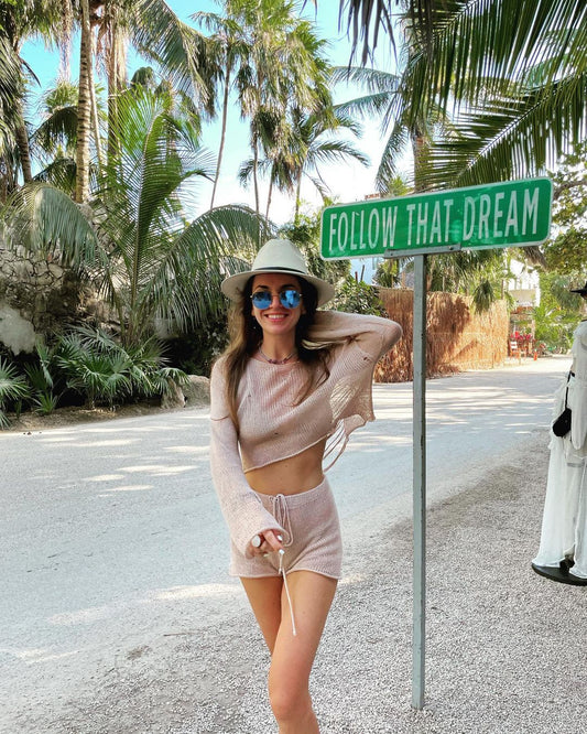 Knitted Two Piece Women Spring Summer Seaside Vacation Sun Protection Short Top Sexy Shorts Suit Bella Mia