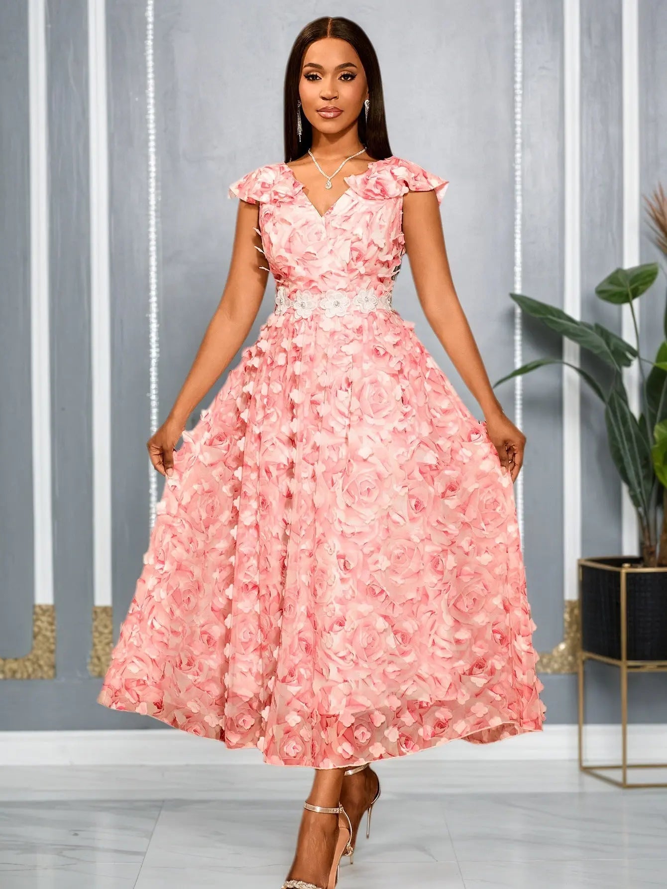 V Neck Flounce Short Sleeve Maxi Dress Floral Dimensional Beading Elegant Bella Mia