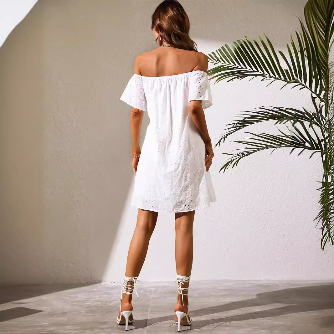 Women Clothing White Off The Shoulder Clothes Eyelet Embroidery No Belt Dress Bella Mia