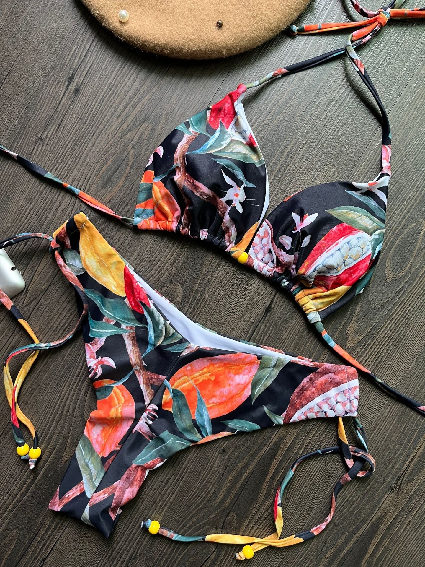 Bikini Digital Printed Sexy Lace Up Halterneck Triangle Split Swimsuit Women Bella Mia