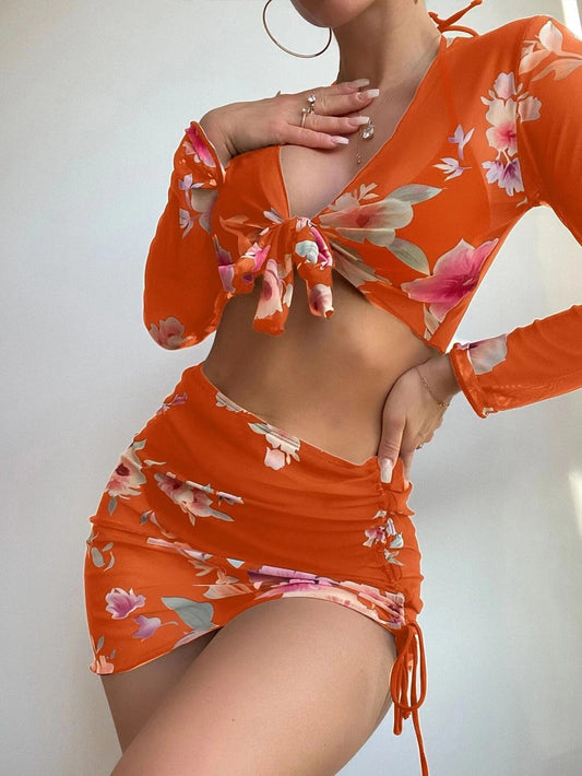 Swimsuit Women Split Three Or Four Piece Suit Printed Drawstring Lace Long Sleeve Internet Celebrity Suit Bella Mia