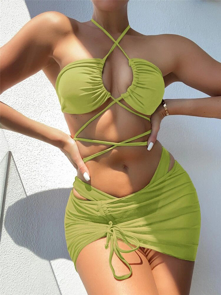 Women Split Swimsuit Solid Color Sexy Bandage Pleating Three Piece Sexy Bikini Bella Mia