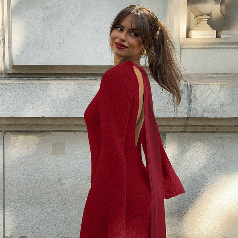 Women Clothing Winter Solid Color Sexy Backless Long Sleeves Lace up Slim Fit Dress Bella Mia