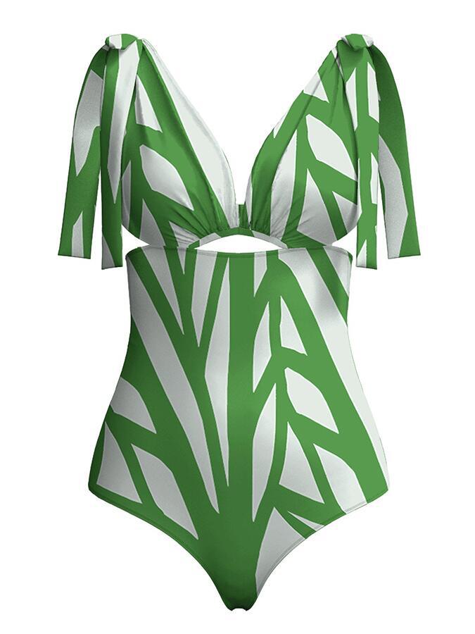 One Piece Swimsuit Women Color Striped Printing Hollow Out Cutout Deep V Plunge Covering Belly Thin Bikini Bella Mia