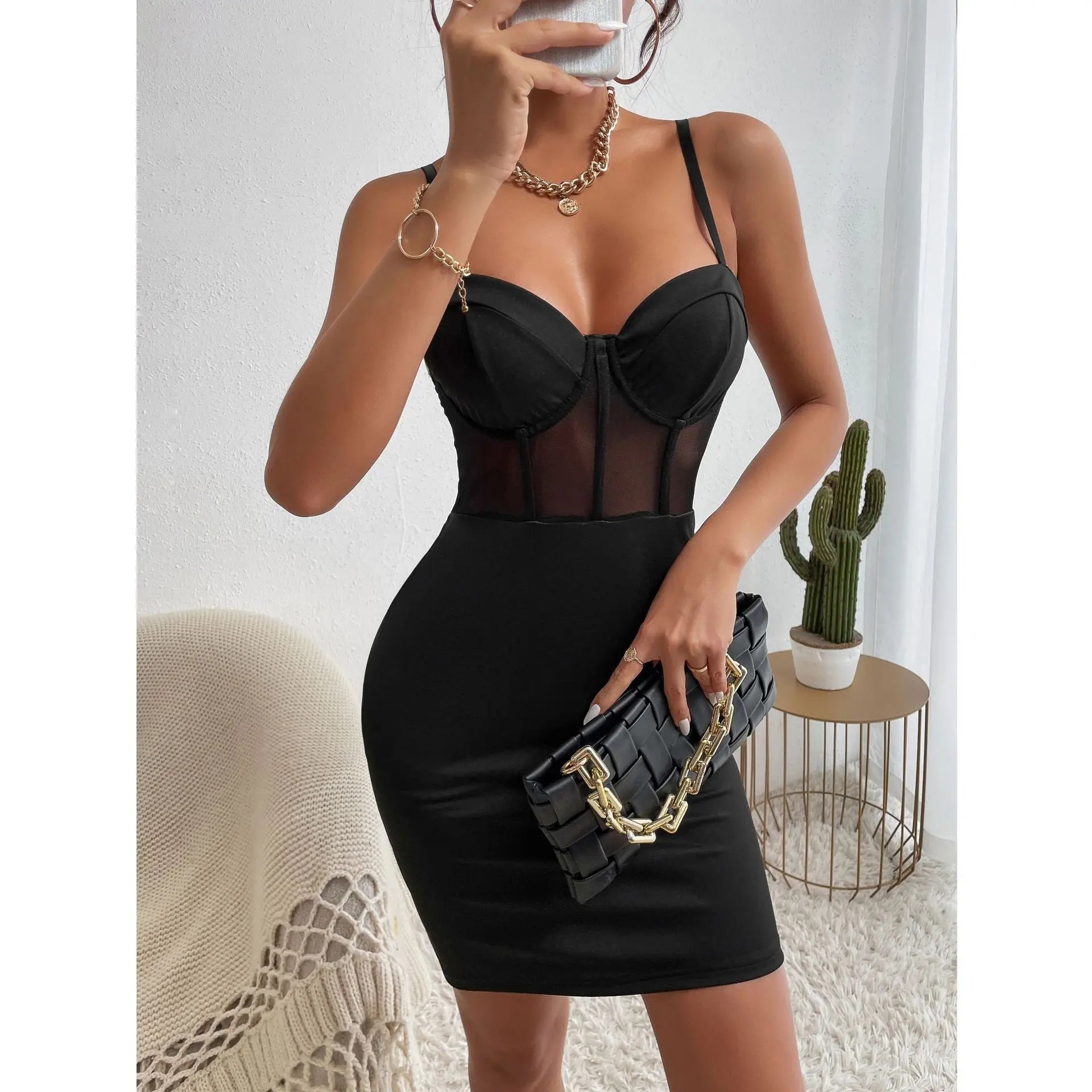 Sexy Patchwork Sling Bodycon Dress With Steel Ring Boning Bella Mia