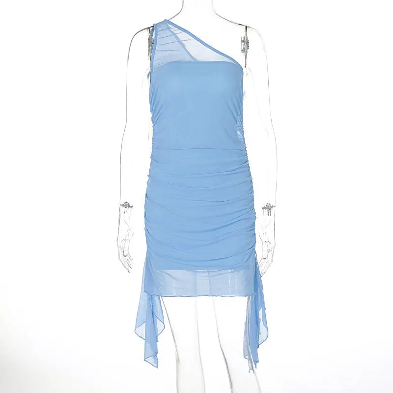 One Shoulder Sleeveless Bodycon Short Dress Polyester Women Ruched Lace Detail Bella Mia