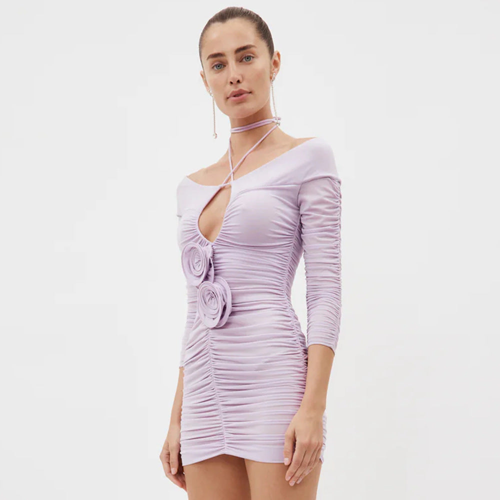 Light Purple Hollow Out Cutout Pleated Three Dimensional Floral Hip Women Clothing Halter Dress Autumn Bella Mia