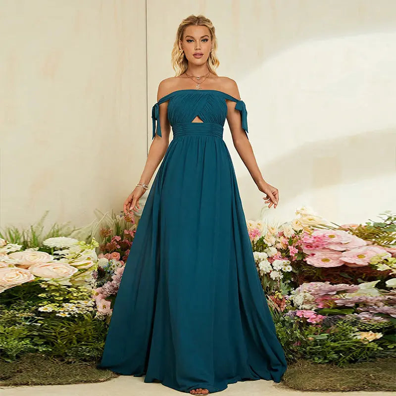 Summer Women Elegant off Shoulder Belt Bow Slimming Evening Dress Niche Bridesmaid Dress Bella Mia