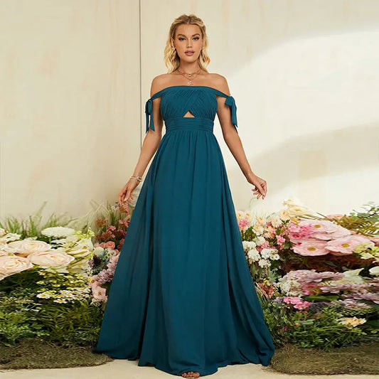 Summer Women Elegant off Shoulder Belt Bow Slimming Evening Dress Niche Bridesmaid Dress Bella Mia