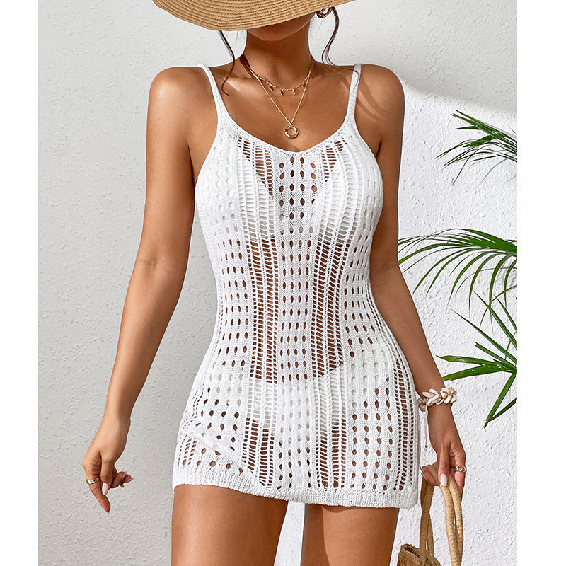 Women Clothing Short Knitted Texture Hollow Out Cutout Out See Through Camisole Sexy Short Dress Knitted Beach Dress Crochet hook Bella Mia