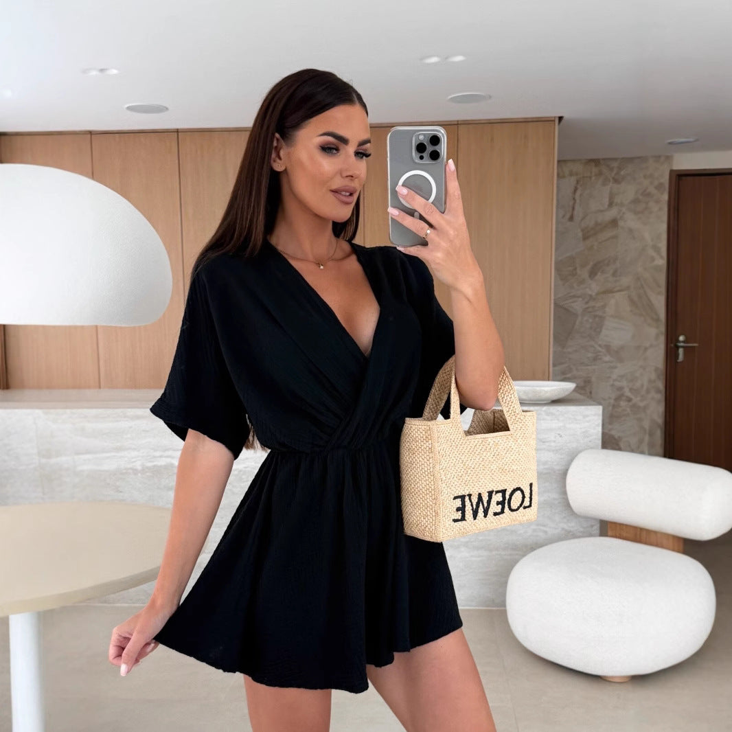 Summer V neck Waist Controlled Solid Color Shorts Jumpsuit for Women Bella Mia