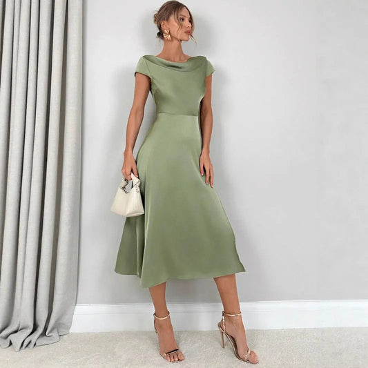 Elegant Satin Midi Split Dress For Women With Backless Cowl Neck Bella Mia