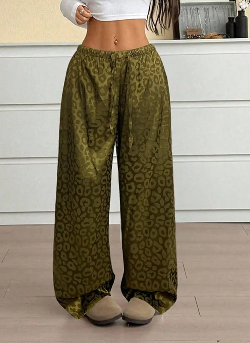 Women Clothing Autumn Satin Casual Pants Drawstring Leopard Print Mop Wide Leg Pants Long Pants Bella Mia