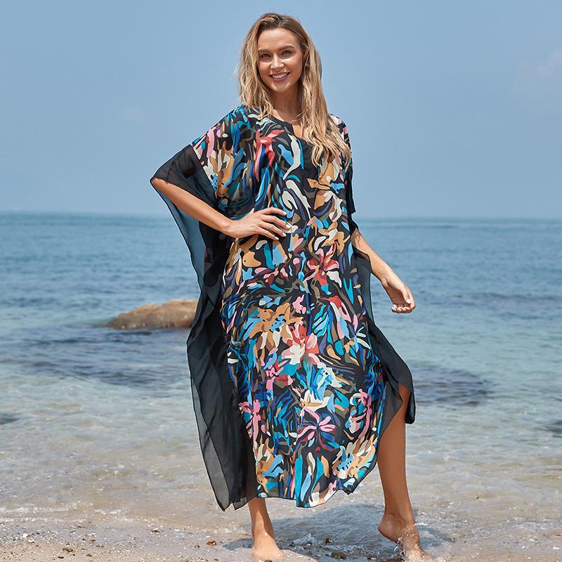 Wrinkle Solid Color Edge Robe Loose Dress Beach Sun Protection Clothing Swimsuit Bikini Cover Up Blouse Bella Mia
