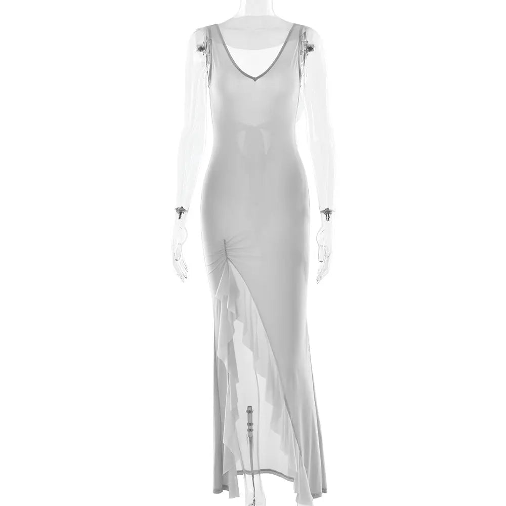 Summer Elegant Ribbon Women Dress Sexy Backless High Slit Ruffled Slim Dress Bella Mia