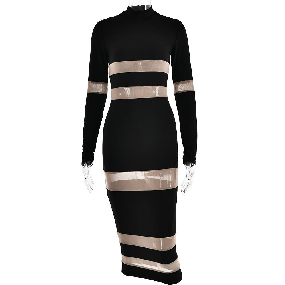 Round Neck Long Sleeved Dress Women Design Stitching See through Sexy Maxi Dress Autumn Bella Mia