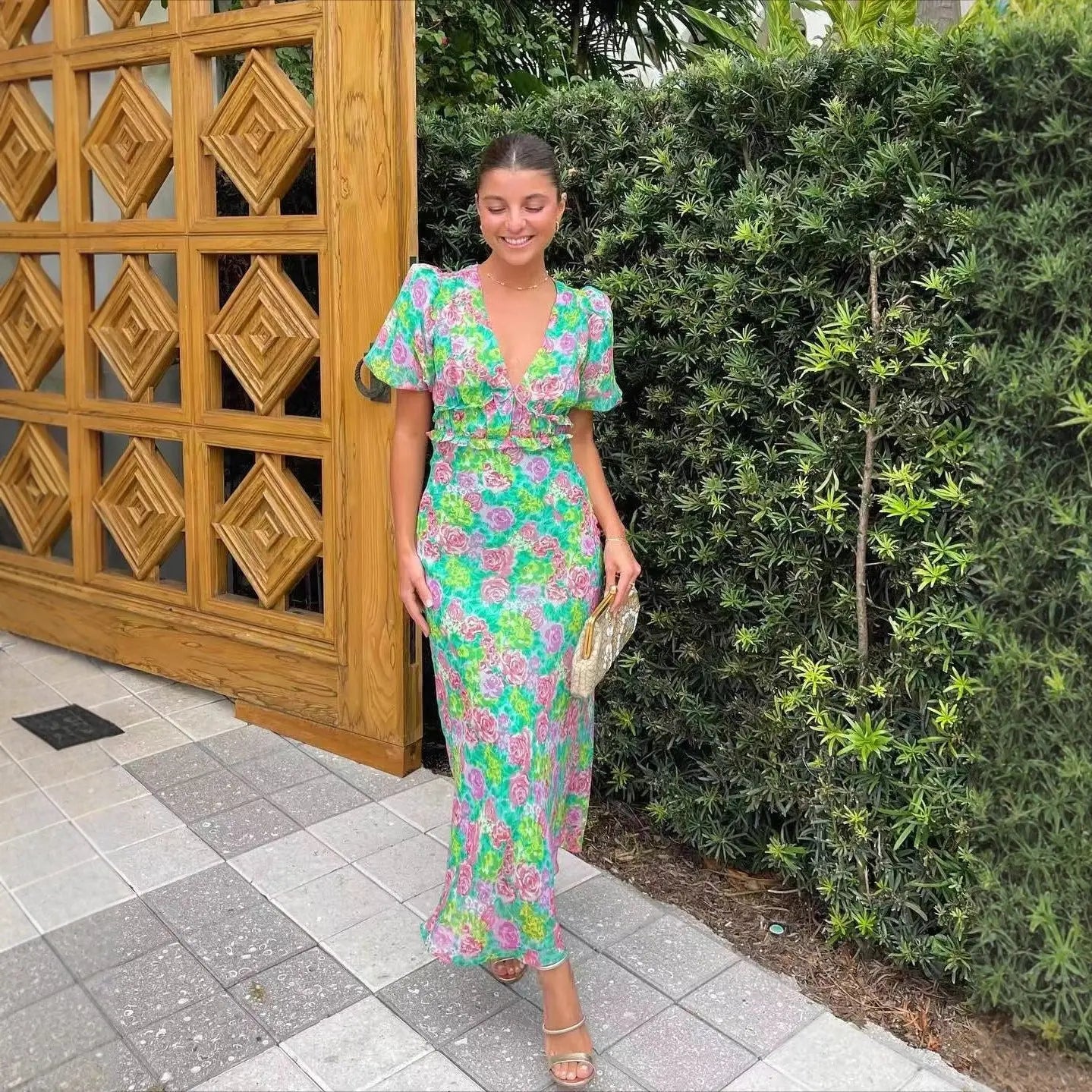 Summer French Puff Sleeve V neck Printing Dress Bella Mia