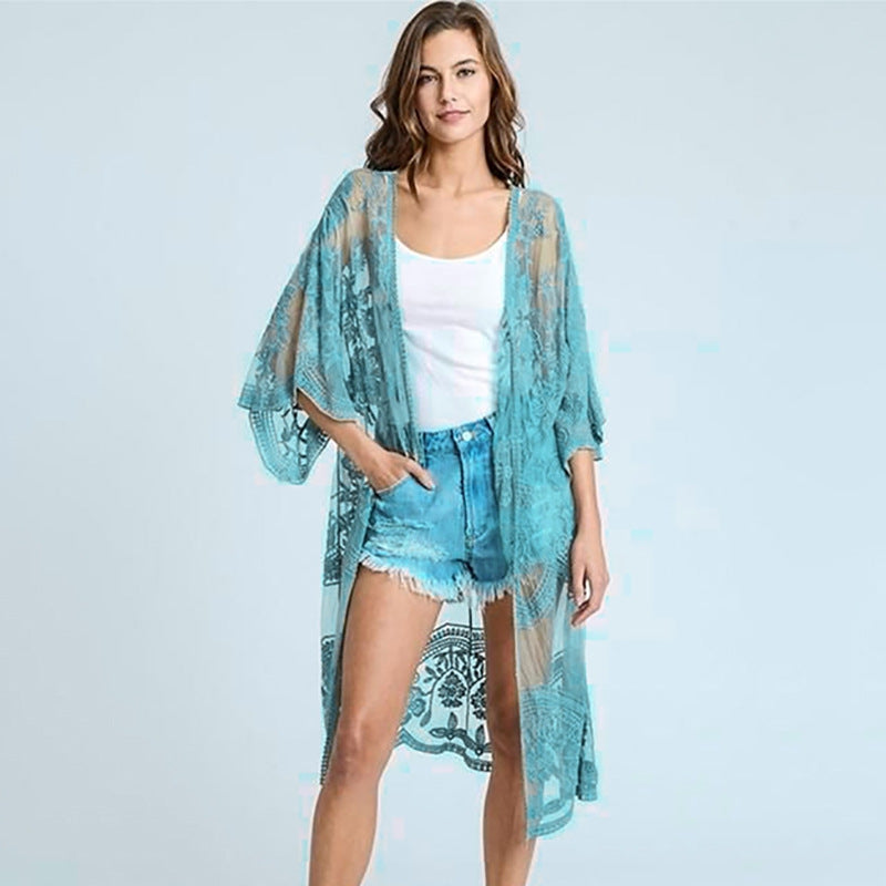 Lace Mesh Embroidered Beach Cover up Sexy Cardigan Sunscreen Beach Bella Mia