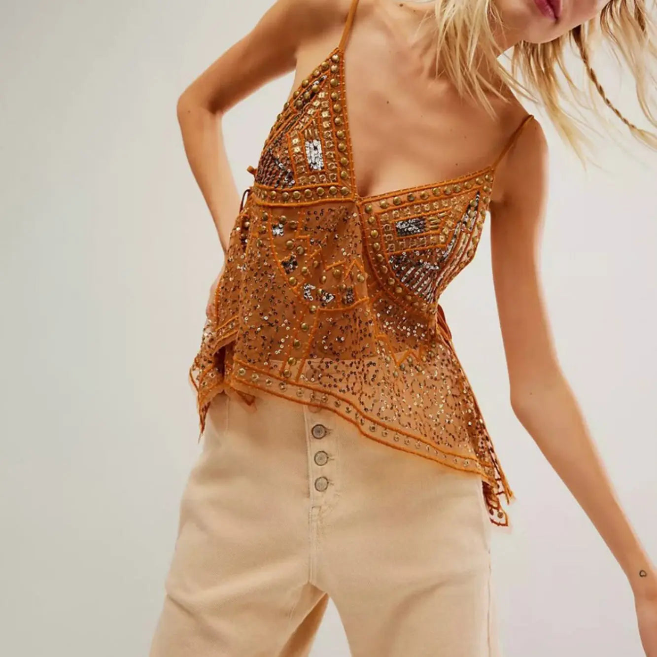 Sexy See Through Backless Rhinestone Camisole Vest for Summer Beach Bella Mia