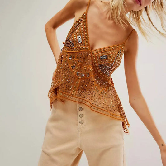 Sexy See Through Backless Rhinestone Camisole Vest for Summer Beach Bella Mia