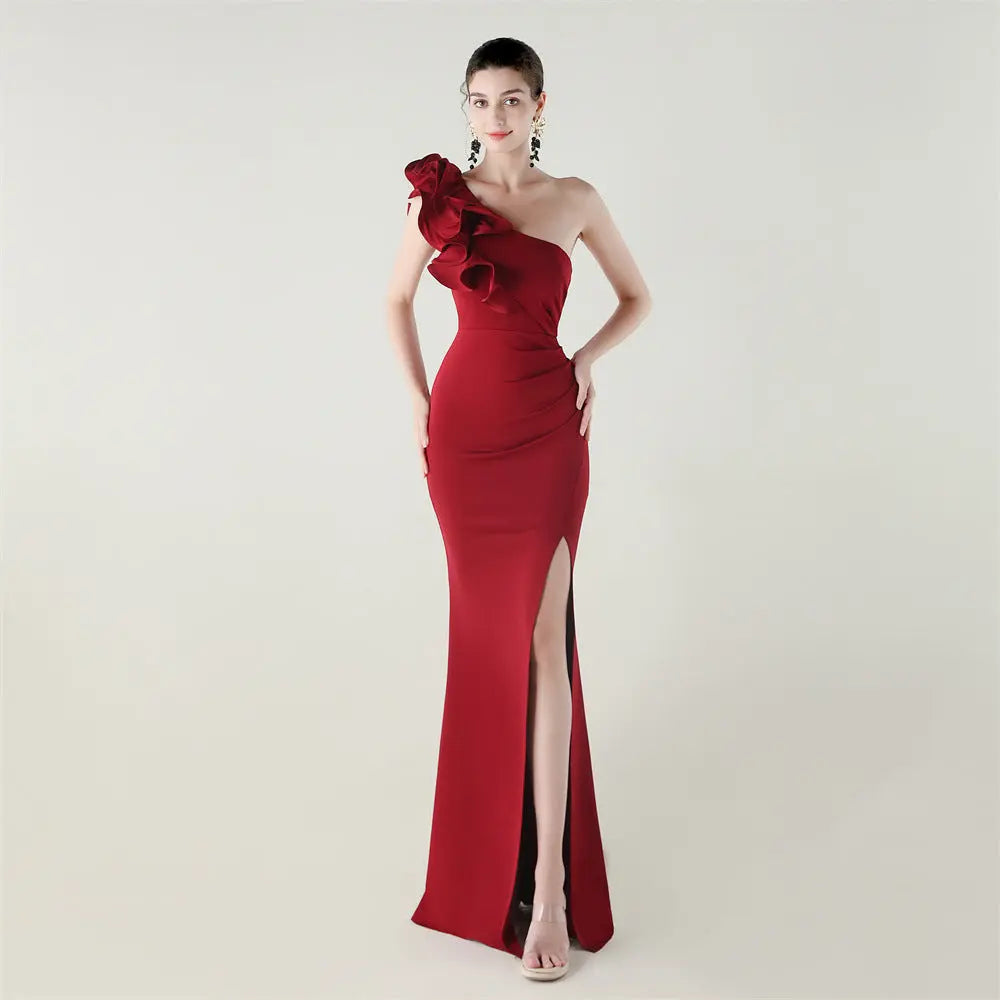 One Shoulder Craft Wave Floral Satin High Slit Sexy Evening Dress Dinner Party Wedding Social Bella Mia