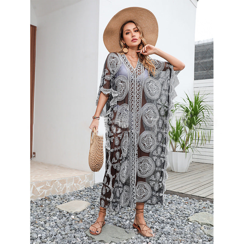 Beach Sun Protection Shirt Loose Pullover Swimsuit Outer Cover Bikini Jacket Water Soluble Lace Dress Bella Mia