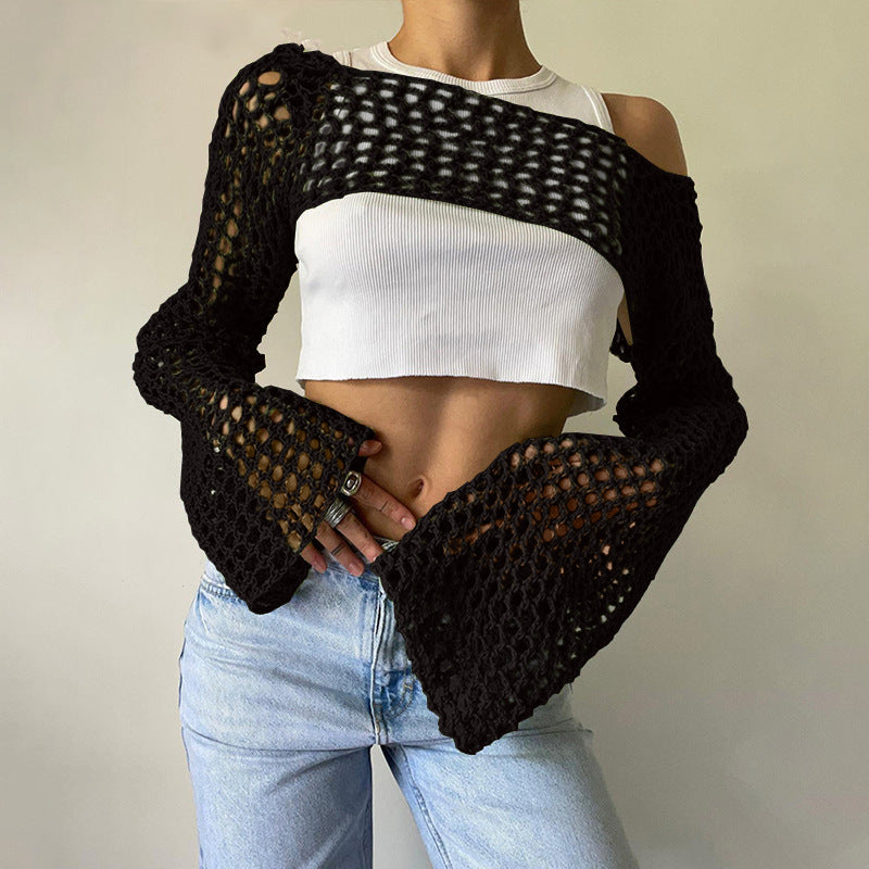 Sexy Hollow Out Cutout Sweater Solid Color round Neck Long Sleeve Knitted Blouse Crochet hook Bella Mia