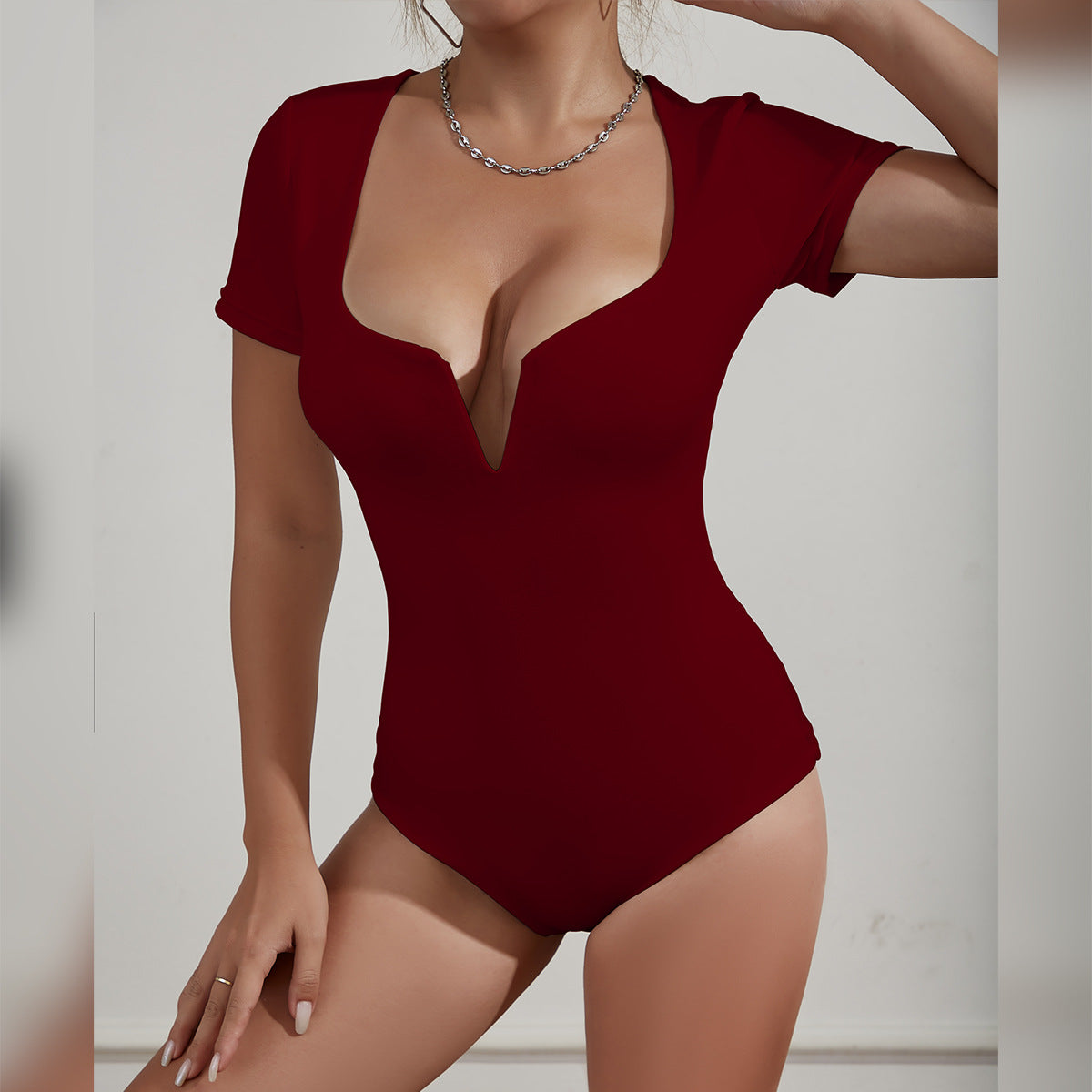 Bodysuit Deep V Plunge Neck Short Sleeve Sexy Tight Bodysuit Bella Mia