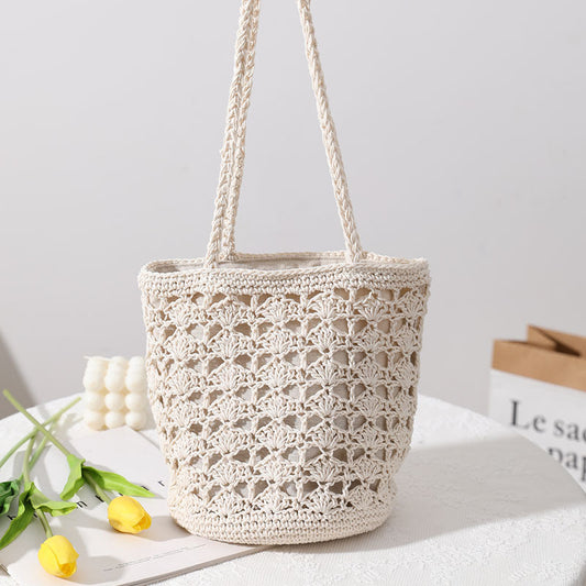 Korean Hollow Out Cutout Cotton Thread Hand Woven Bag Chi Elegant One Shoulder Portable Straw Weaved Bag Seaside Vacation Beach Bag Bella Mia
