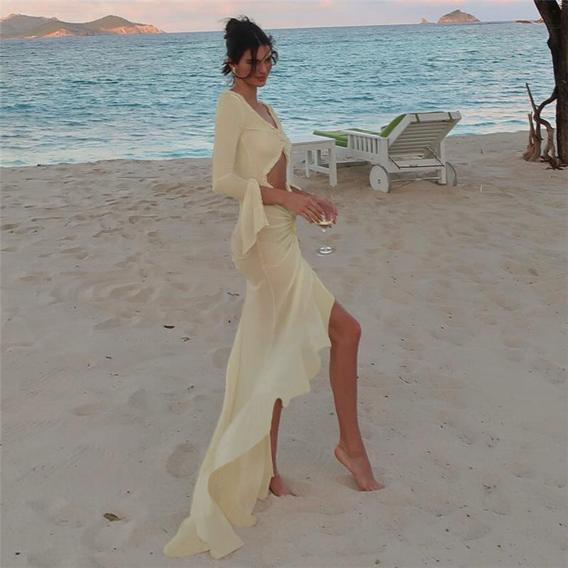 Summer Women Collection V neck See through Sexy L Hollow Out Cutout out Pleated Lace Slim Fit Dress Bella Mia