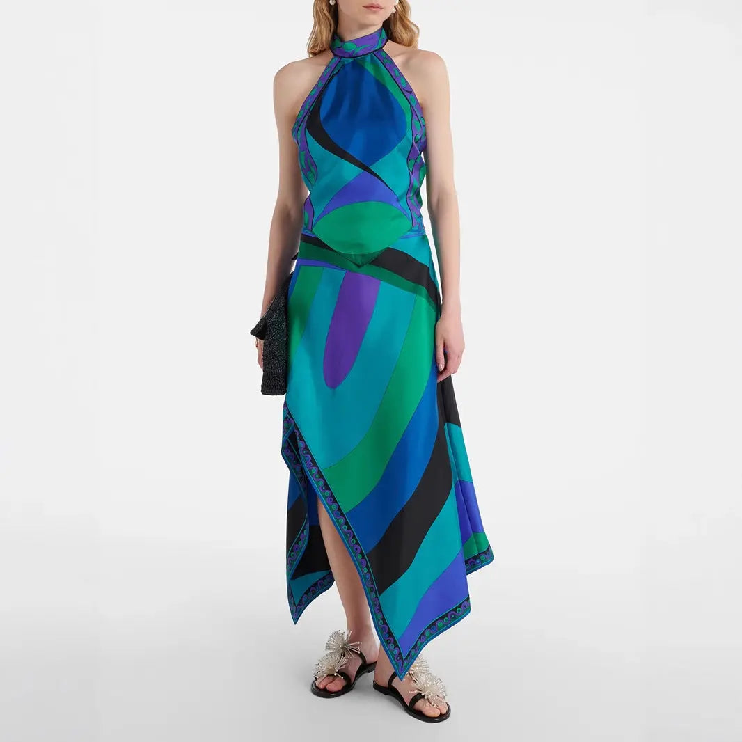 Printed Satin Halter Backless Top And Irregular Maxi Skirt Two Piece Set Bella Mia