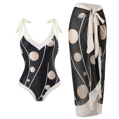 Sexy Swimsuit Women Conservative Cover Belly Lace Up Swimsuit Spring Chiffon Beach Skirt Set