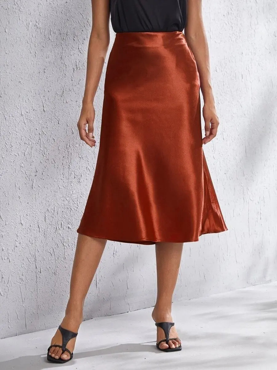 High Waist Satin Midi Skirt With Zipper A Line Regular Fit Women Bella Mia