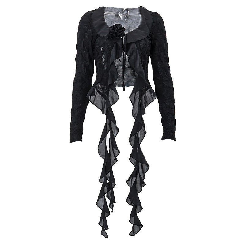 Spring Stringy Selvedge Lace Up V Neck Mesh Pleats See Through Cardigan Long Sleeved Top Bella Mia