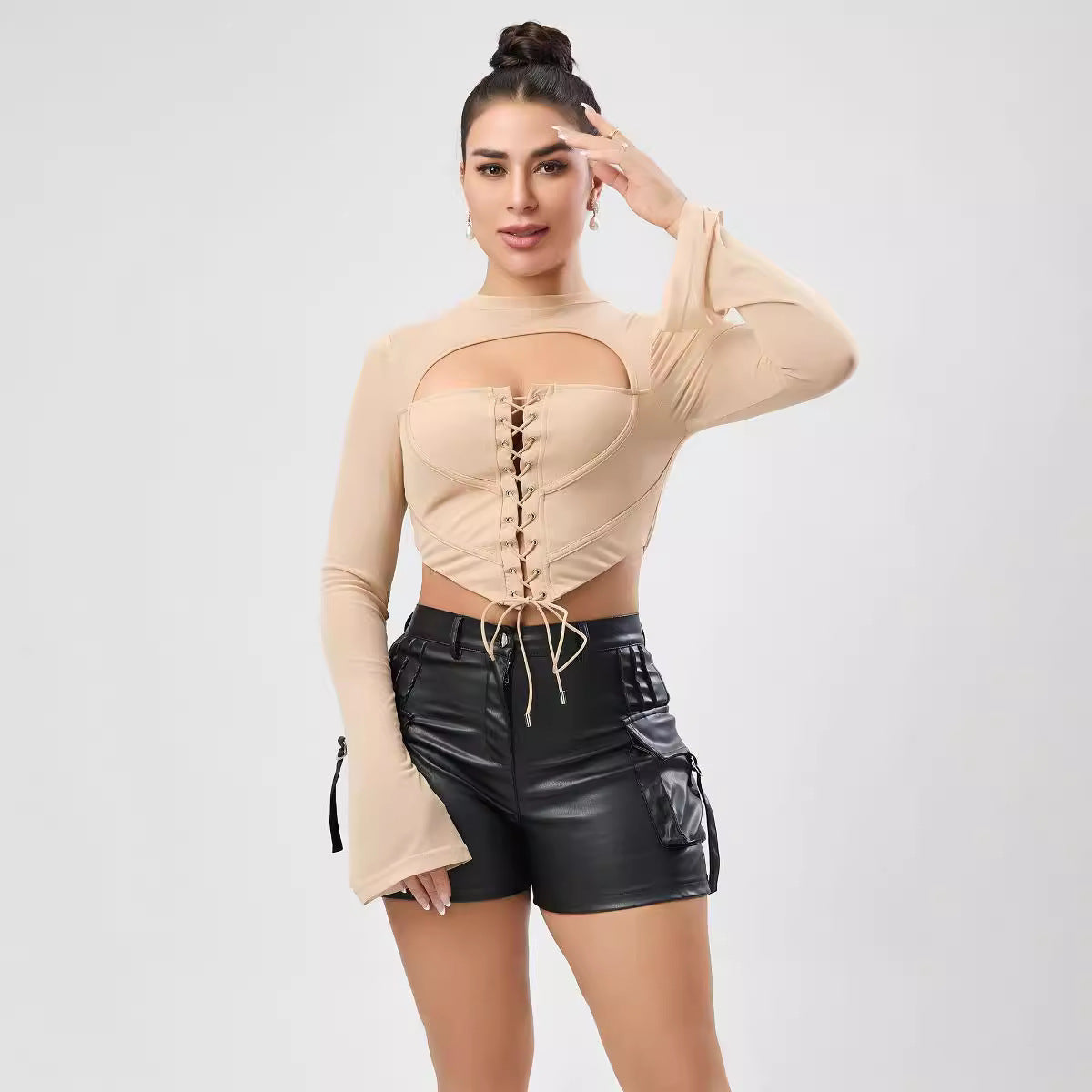 Sexy Women Autumn Solid Color Casual Backless Half High Collar Long Sleeves Strap Mesh Slim Fit Short Top Bella Mia