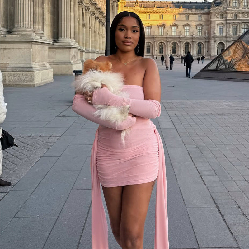 Spring Elegant Pure Pleated Ribbon Hip Sexy Tight Tube Top Bella Mia