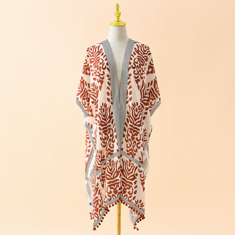 Spring Summer Striped Floral Print Pattern Chiffon Sun Protective Blouse Ball Decorative Cardigan Bella Mia