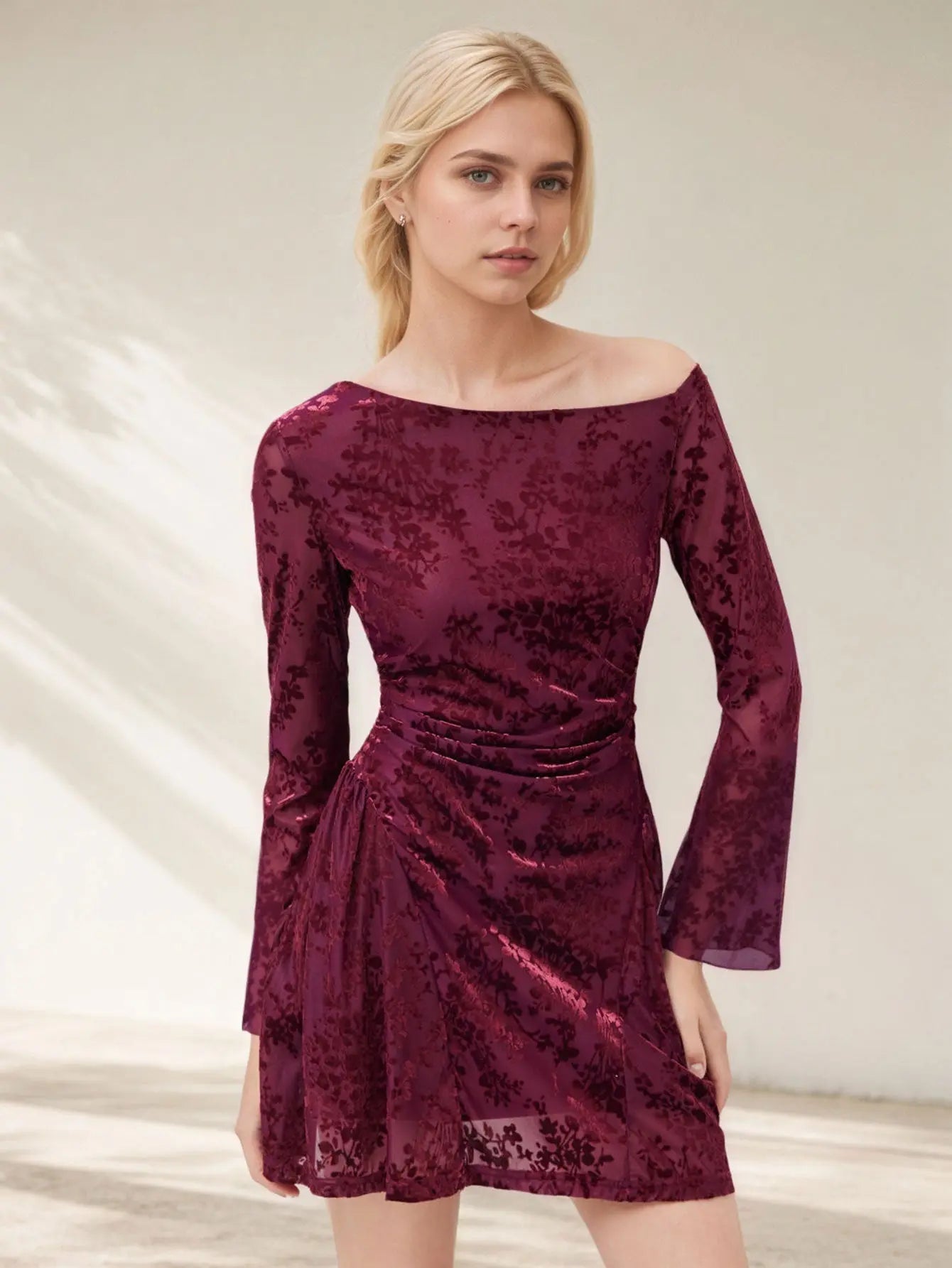 Elegant Floral Ruched Long Sleeve A Line Dress Polyester For Spring Bella Mia