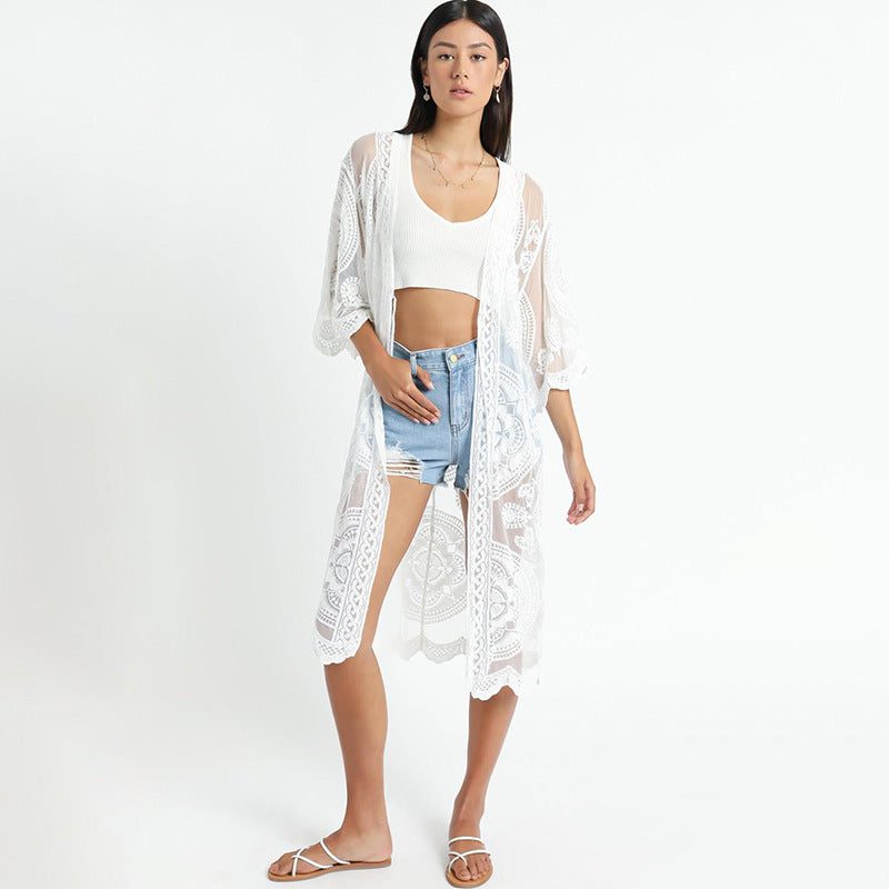 New Lace Embroidered Mid-Length Beach Cover-up Sexy Cardigan Vacation Sun Protection Shirt Swimsuit Blouse Bella Mia