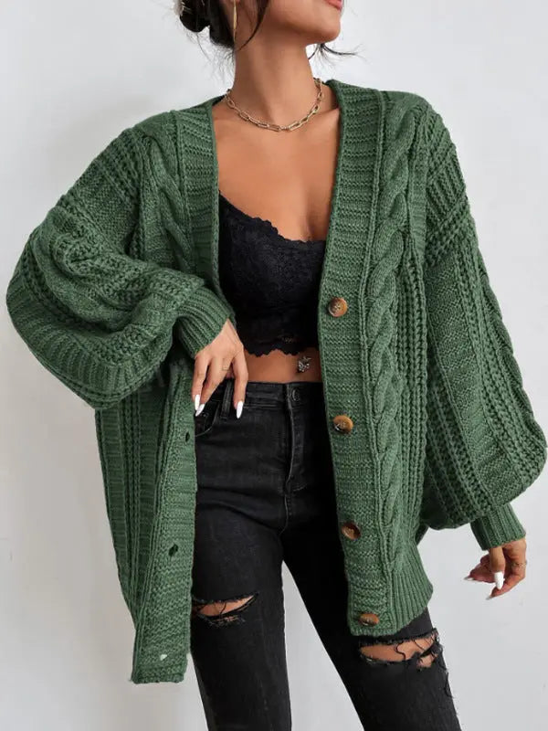 V neck Sweater Women Retro Loose Twist Lantern Sleeve Cardigan Knitted Coat Bella Mia