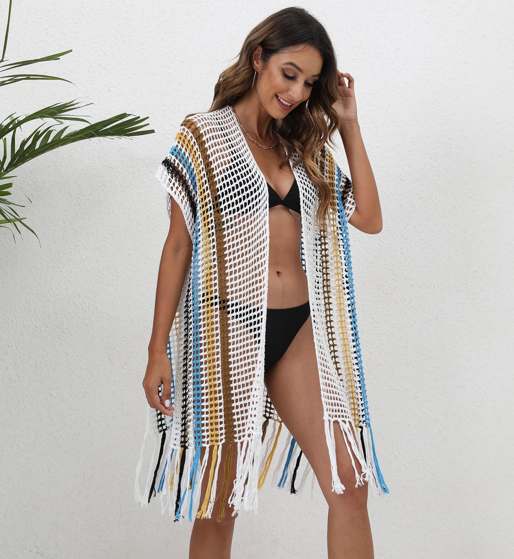 Beach Cover up Women Clothing Loose Woven Shirt Color Contrast Patchwork Tassel Beach Cover Up Cardigan Bella Mia