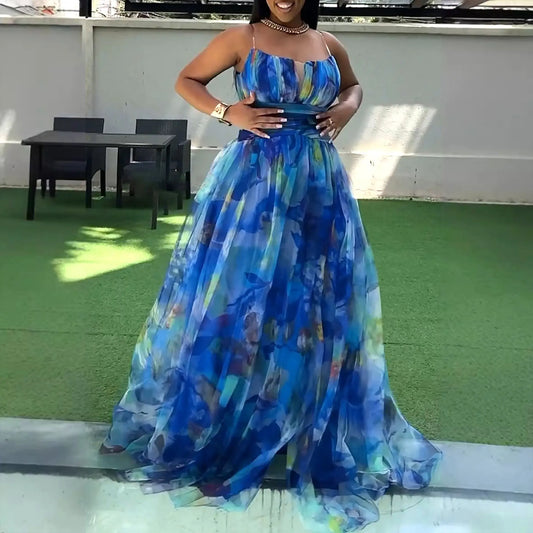 Women Mesh Patchwork Waist Slimming Spaghetti Strap Maxi Dress With Split Bella Mia