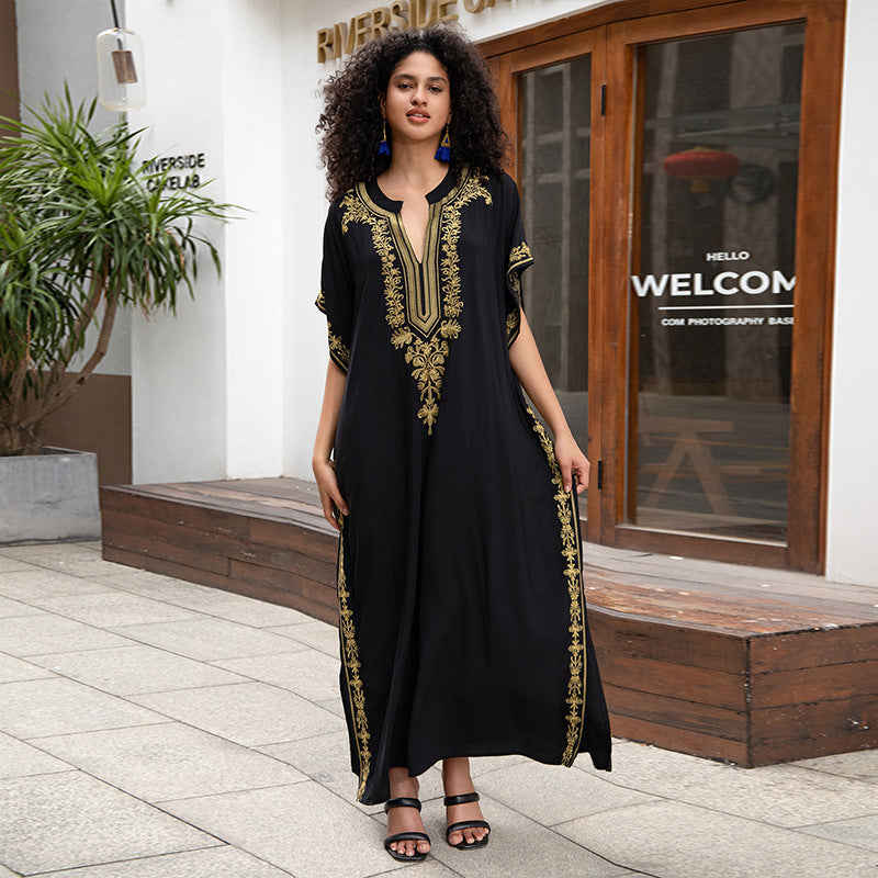 Rayon Embroidered Holiday Loose Jumpsuit Long Robe Beach Sun Protection Maxi Dress Beach Cover Up Bella Mia