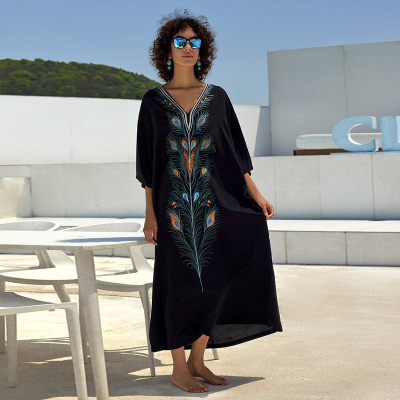 Cotton Printing Vacation Loose Maxi Dress Beach Jacket Maxi Dress Bikini Cover up Blouse Bella Mia