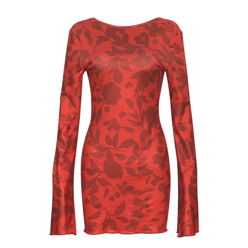 Autumn round Neck Long Sleeve Sexy Leopard Print Lace up Backless Short Dress Bella Mia