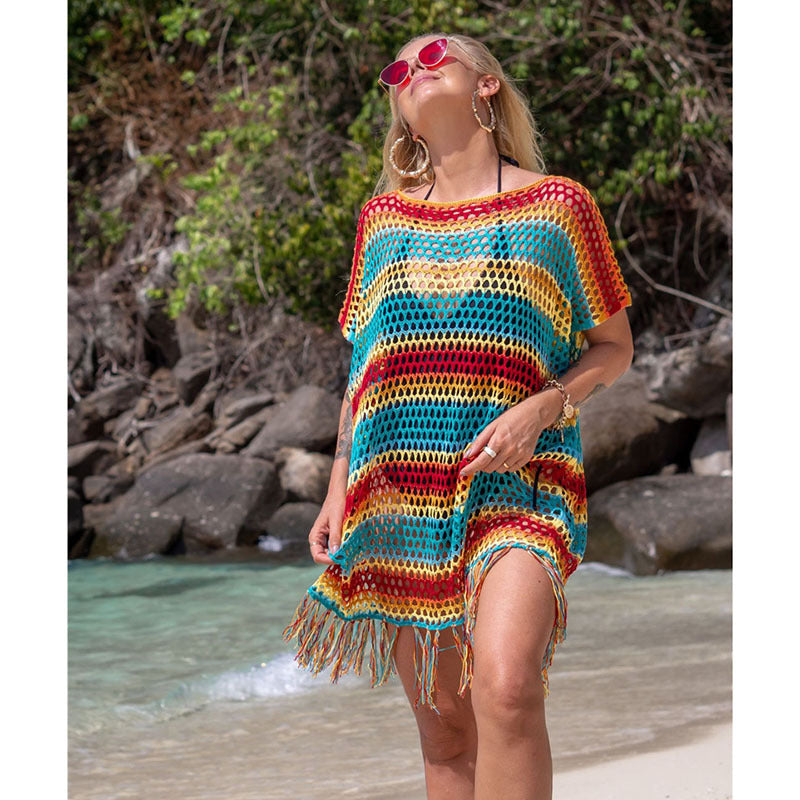 Knitted Color Stripes Tassel Beach Cover-up Sexy Hollow Out Cutout Seaside Sun Protection Clothing Beach Cover Up Crochet Bella Mia