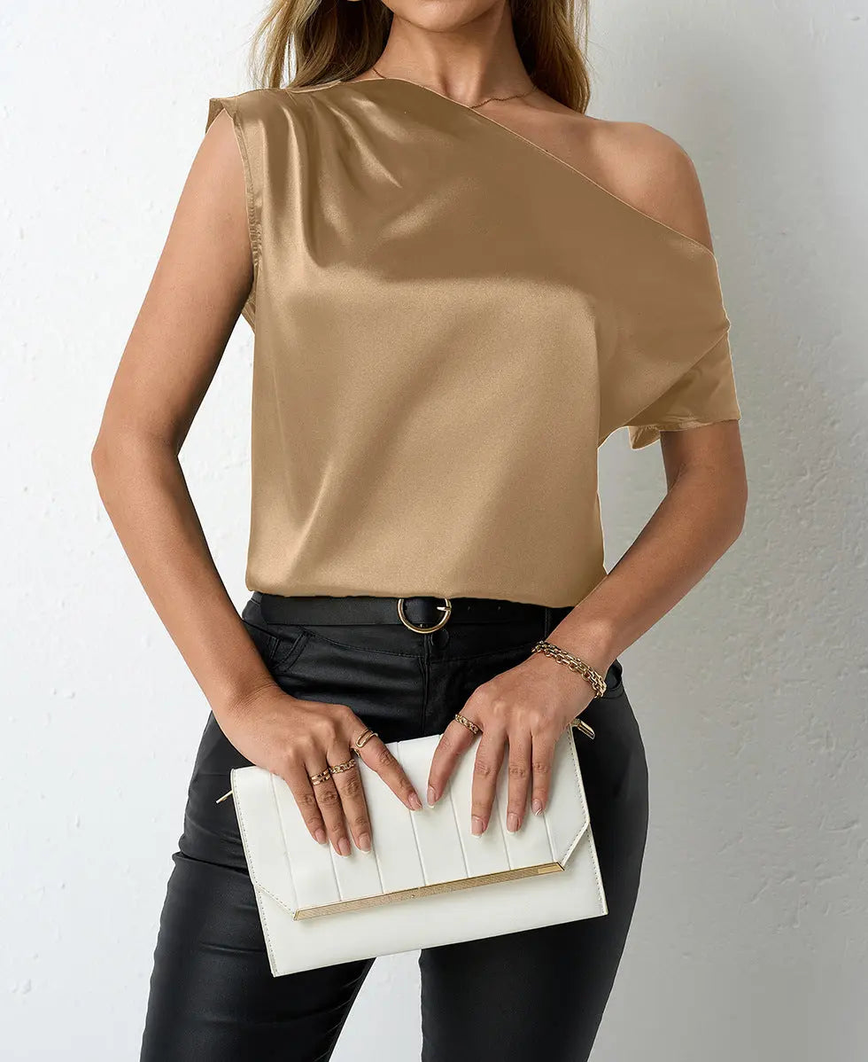 Women Clothing Spring Summer Satin Shirt Artificial Silk Irregular Asymmetric Shoulder off Shoulder Sleeveless Top Bella Mia